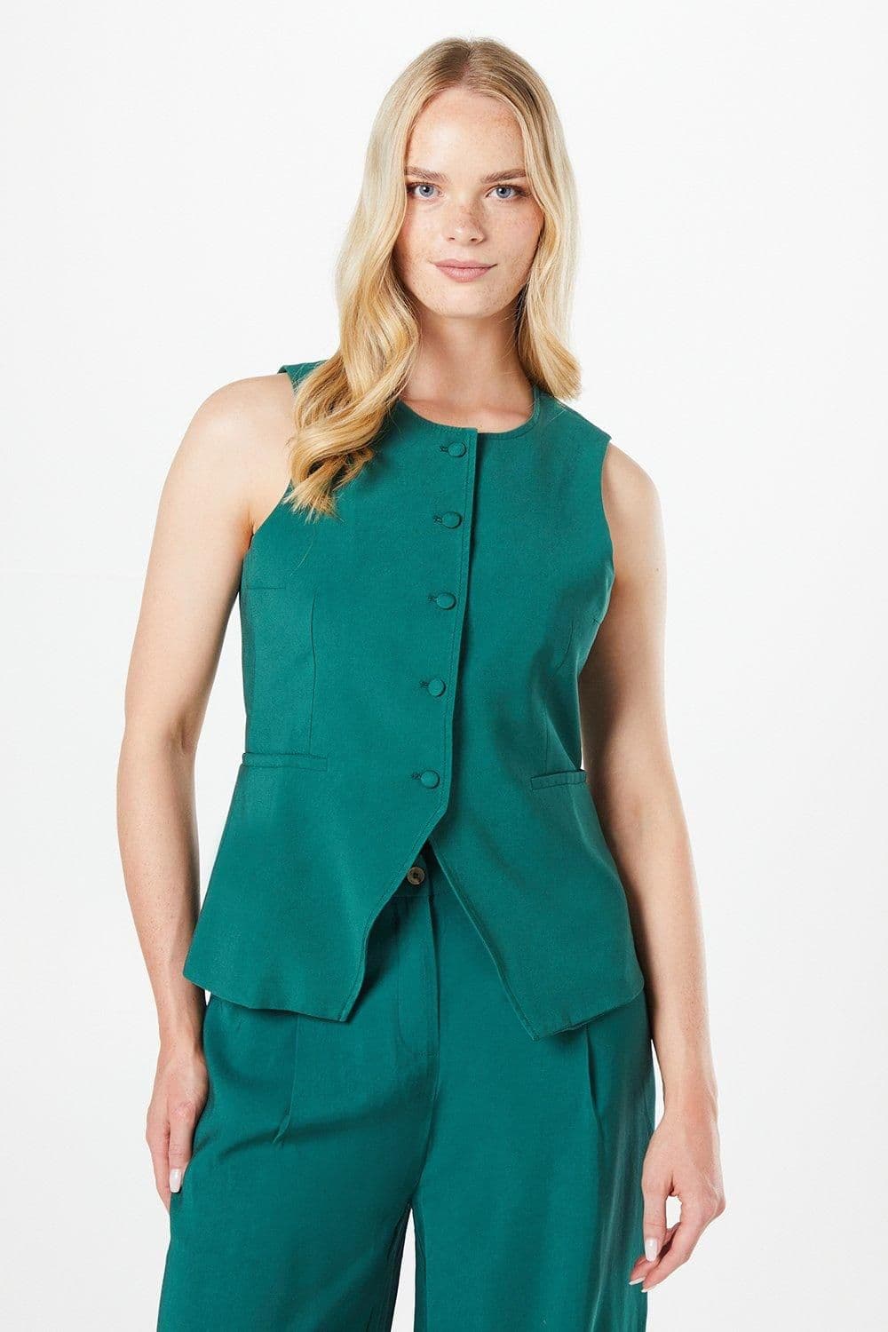 Oasis Women's High Neck Tailored Linen Waistcoat in Teal