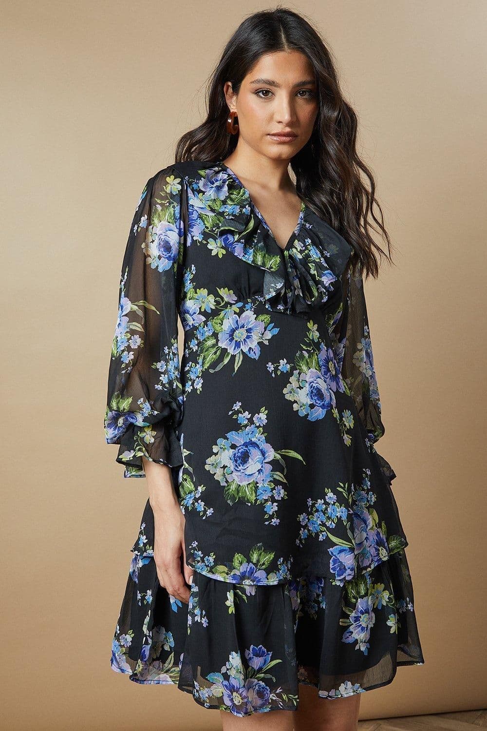 Oasis Women's Ruffle Neckline Chiffon Mini Dress in Black