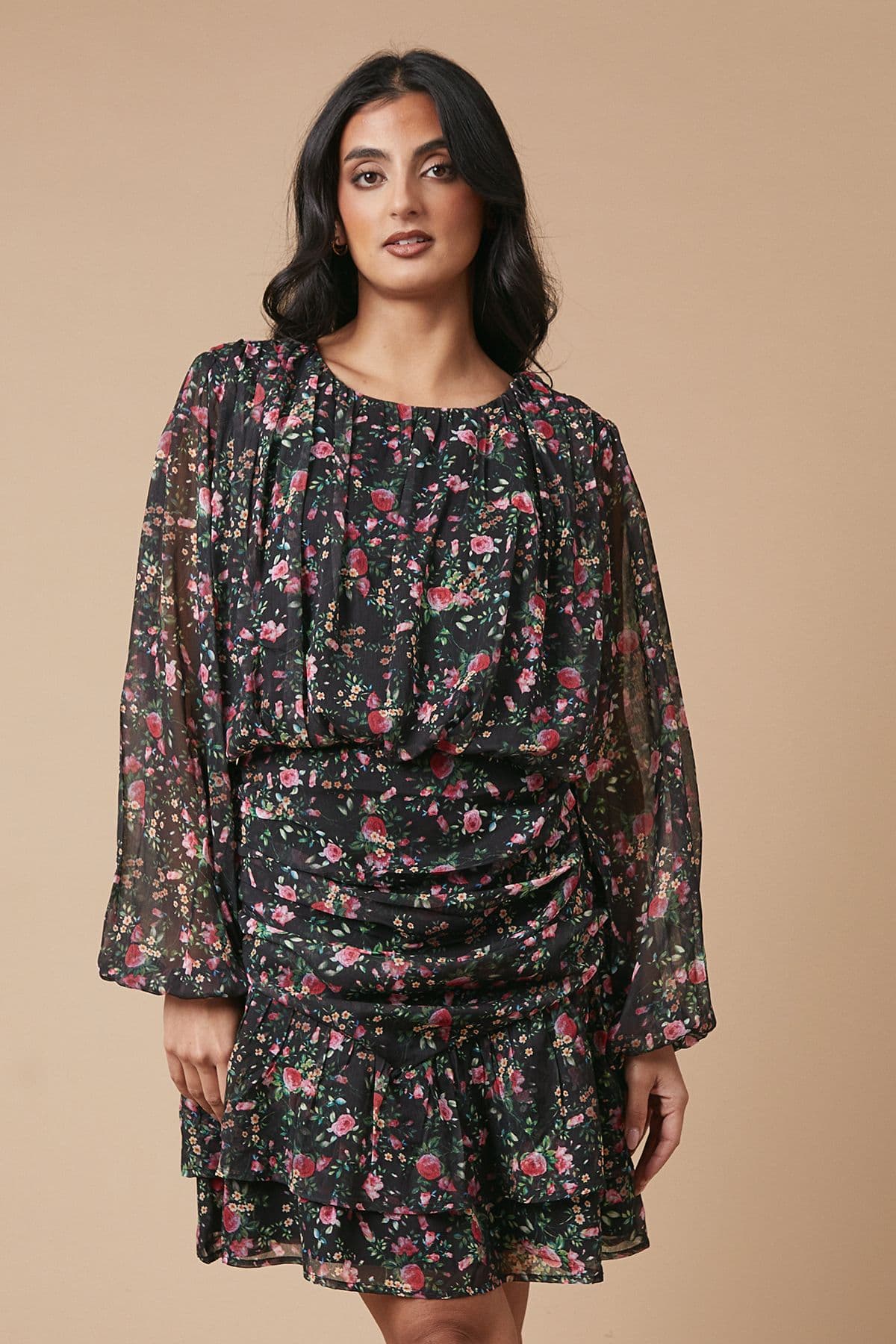 Oasis Women's Floral Chiffon Gathered Ruched Mini Dress in True Black
