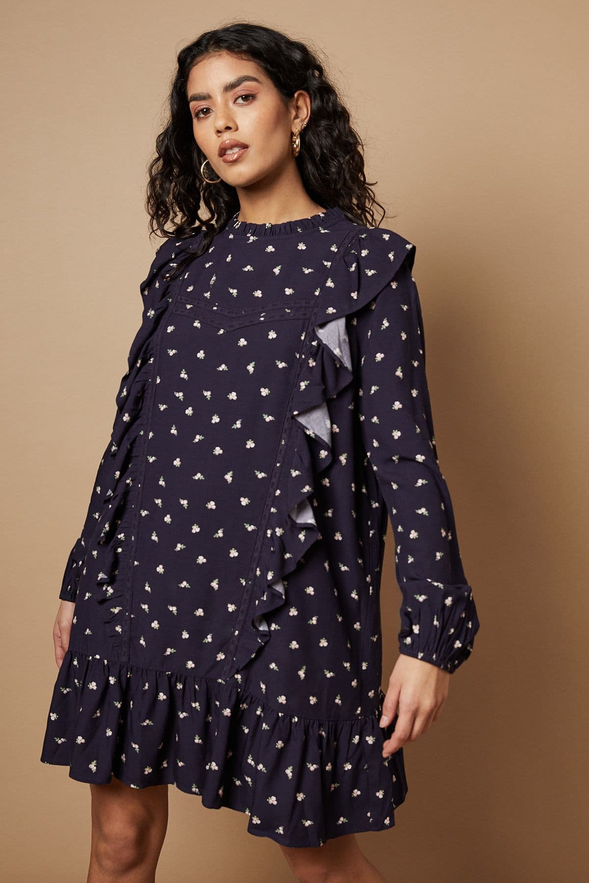 Oasis Women's Petite Ditsy Printed Ruffle Lace Trim Mini Dress in Navy