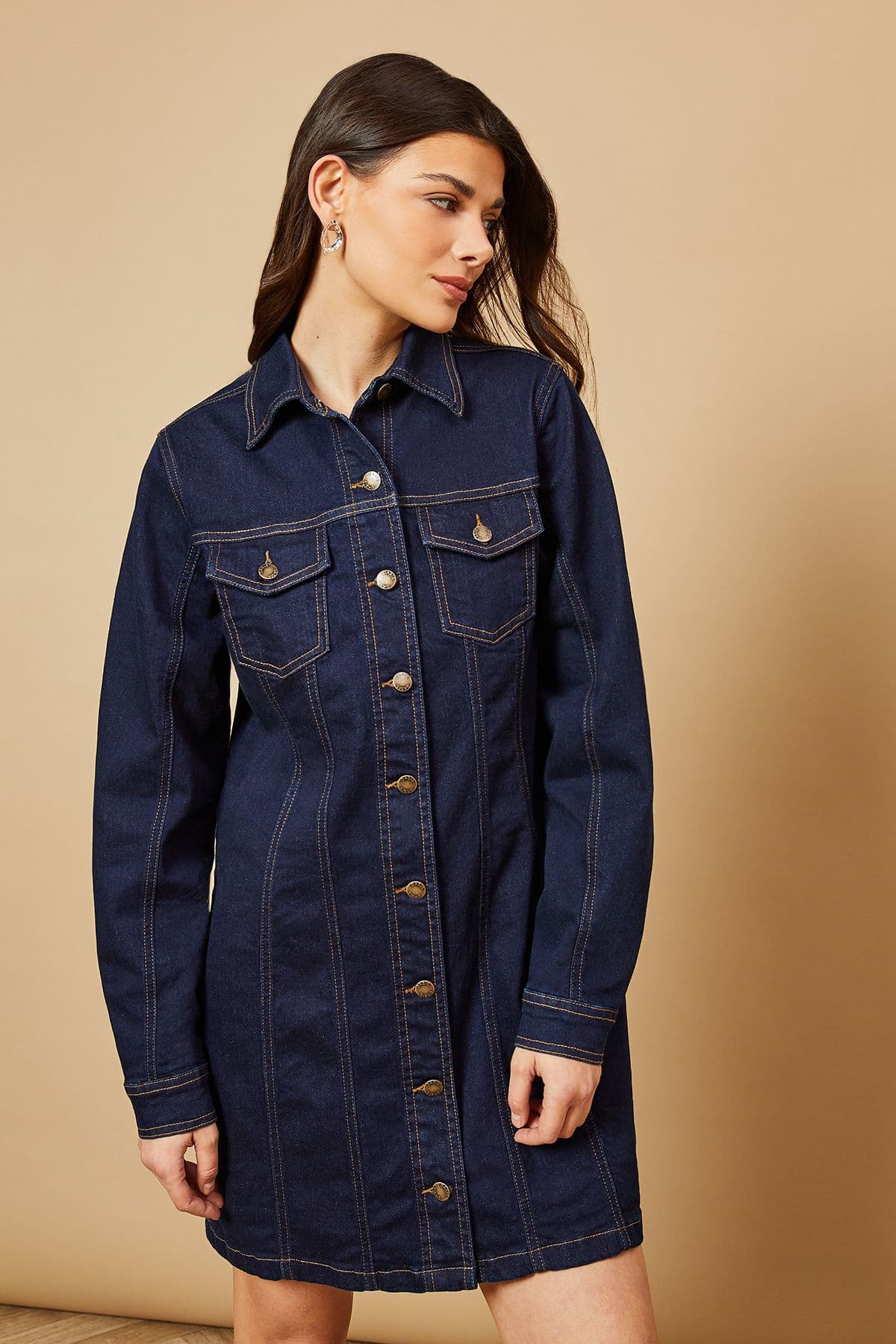 Oasis Women's Long Sleeve Fitted Denim Mini Dress in Indigo