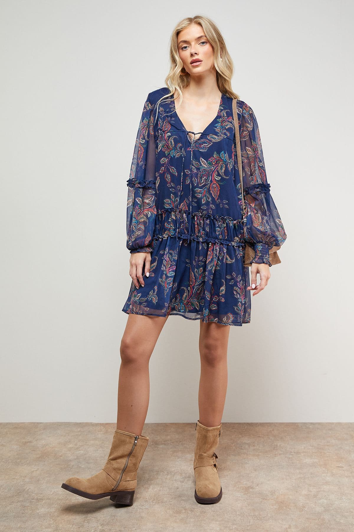 Oasis Women's Printed Chiffon Shirred Front Tie Neck Mini Dress in Navy
