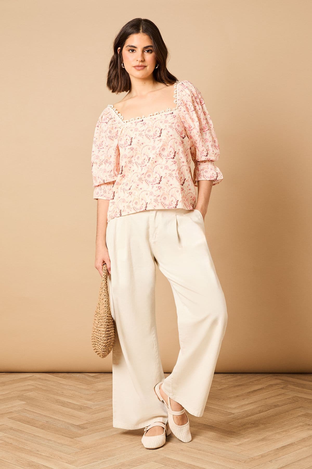Oasis Women's Printed Square Neck Puff Sleeve Top