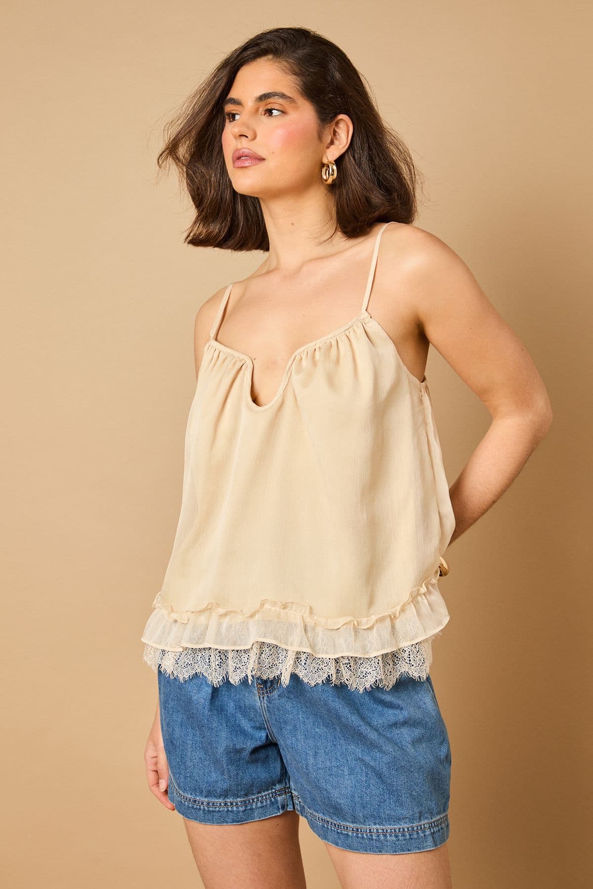 Oasis Women's Babydoll Lace Detail Cami in Lemon