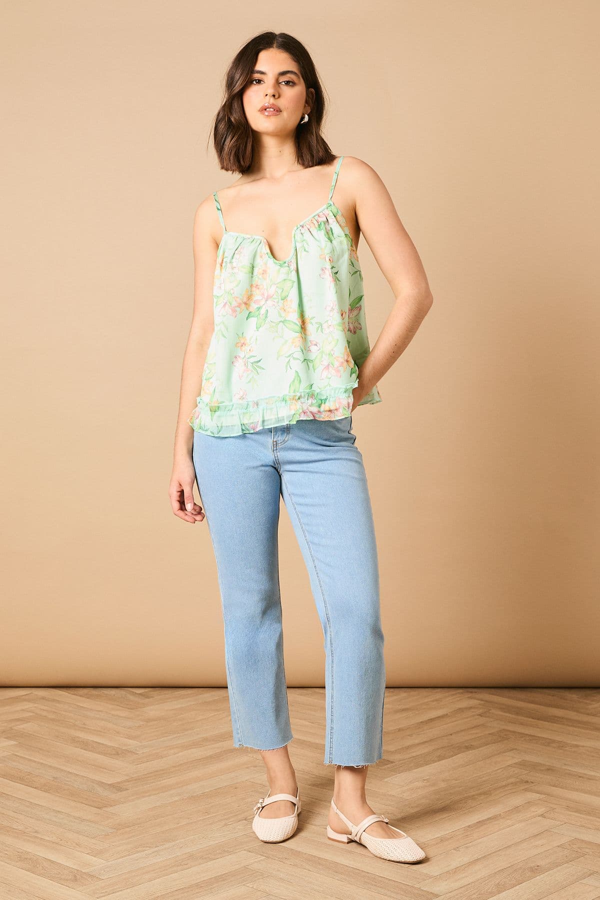 Oasis Women's Printed Frill Detail Babydoll Cami Top in Mint
