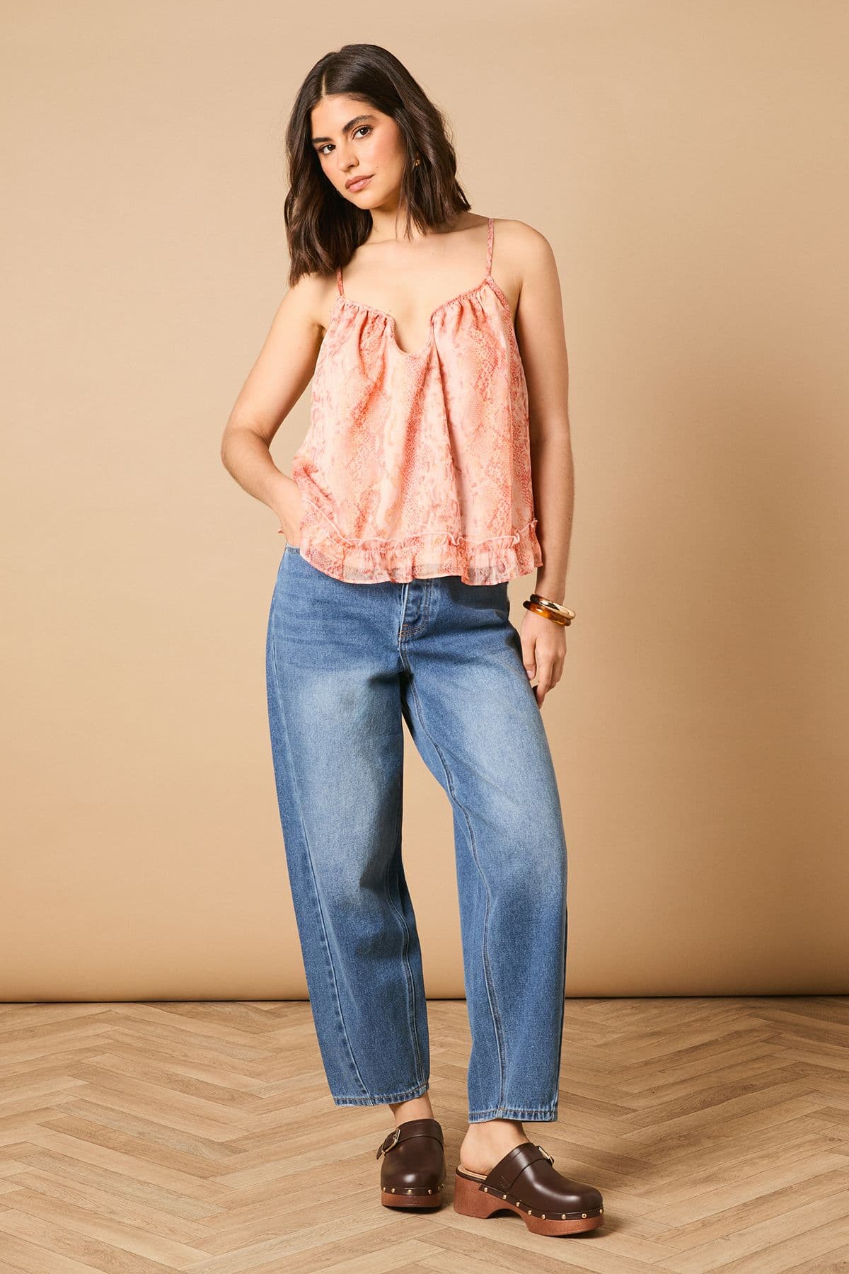 Oasis Women's Printed Frill Detail Babydoll Cami Top in Peach