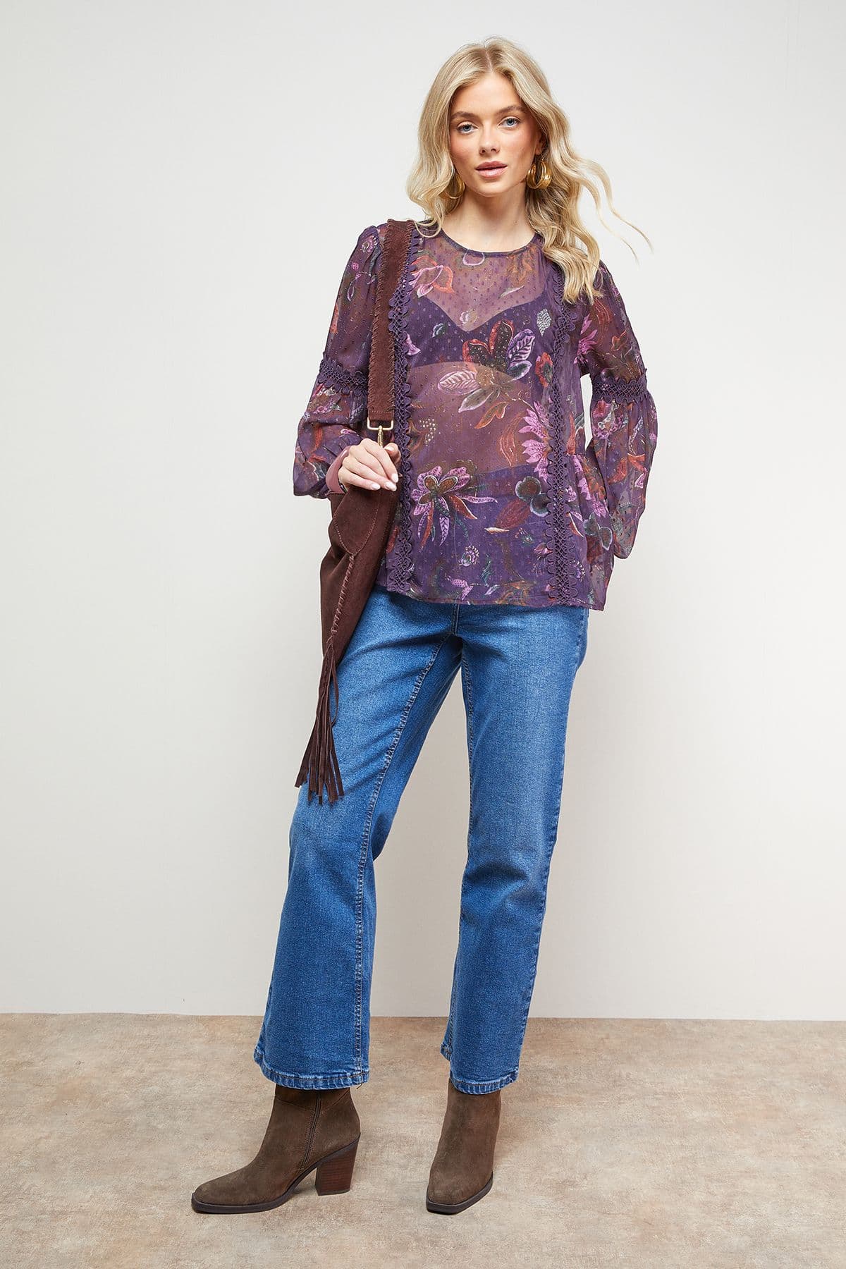 Oasis Women's Printed Lace Detail Dobby Chiffon Blouse