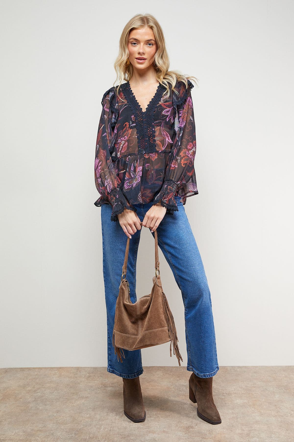 Oasis Women's Printed Frill Detail Sheer Chiffon Blouse