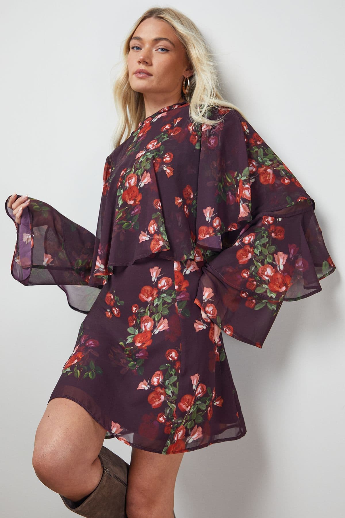 Oasis Women's Ruffled Cape Sleeve Mini Dress