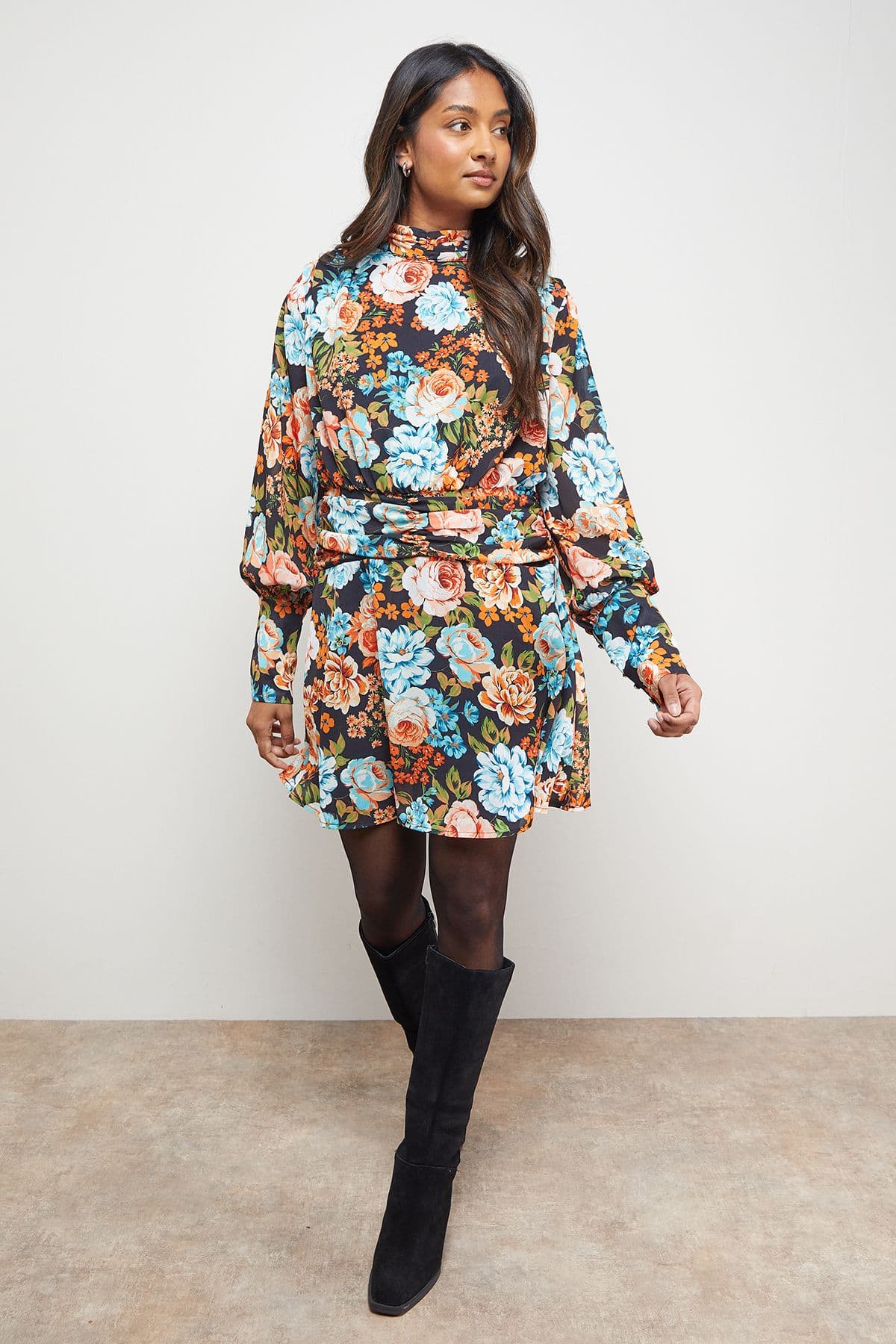 Oasis Women's Volume Shoulder Western Mini Dress in Floral