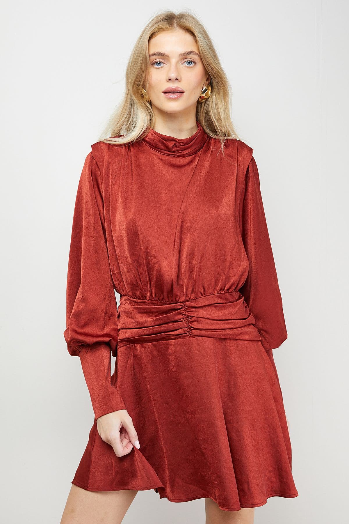 Oasis Women's Volume Shoulder Western Mini Dress in Ginger