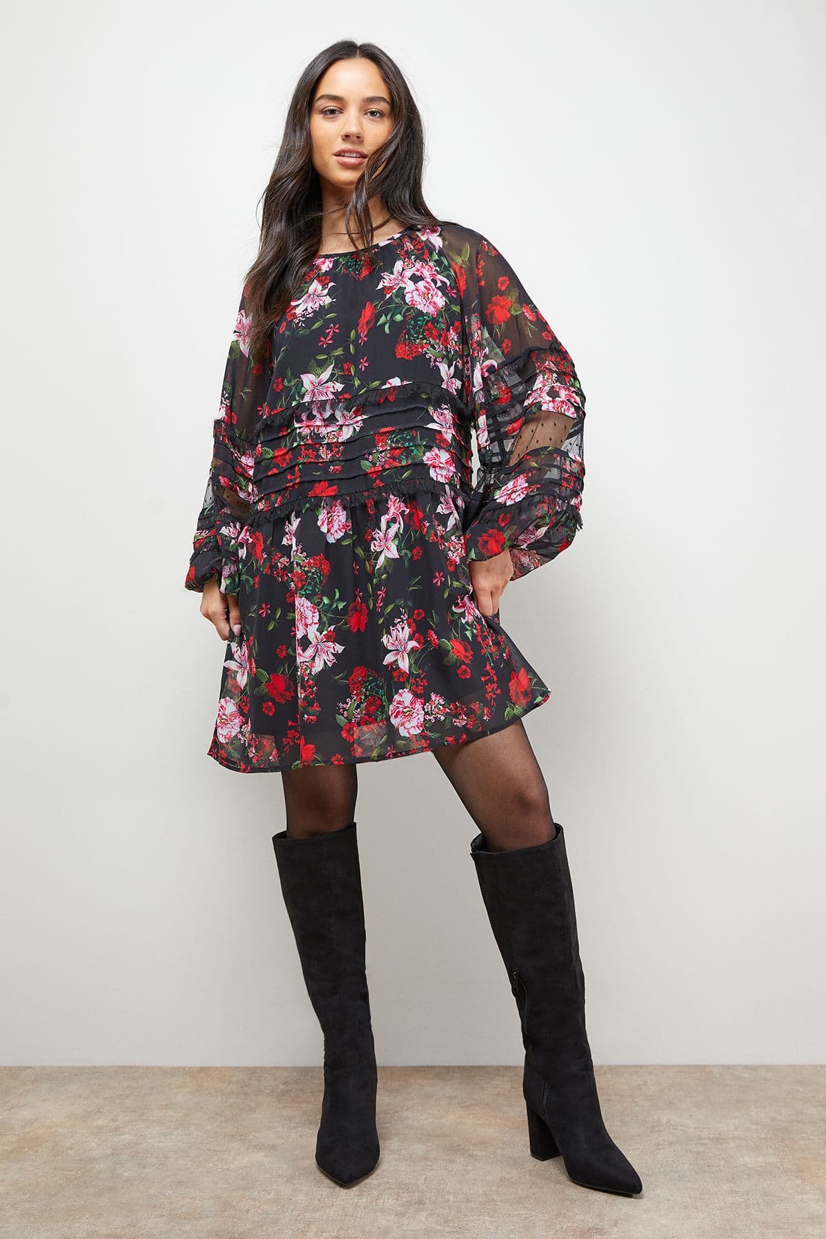 Oasis Women's Smock Long Sleeve Mini Dress in Floral