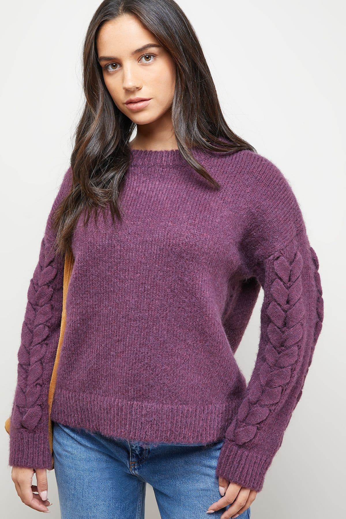 Oasis Women's Cable Knit Sleeve Crew Neck Cosy Jumper in Aubergine
