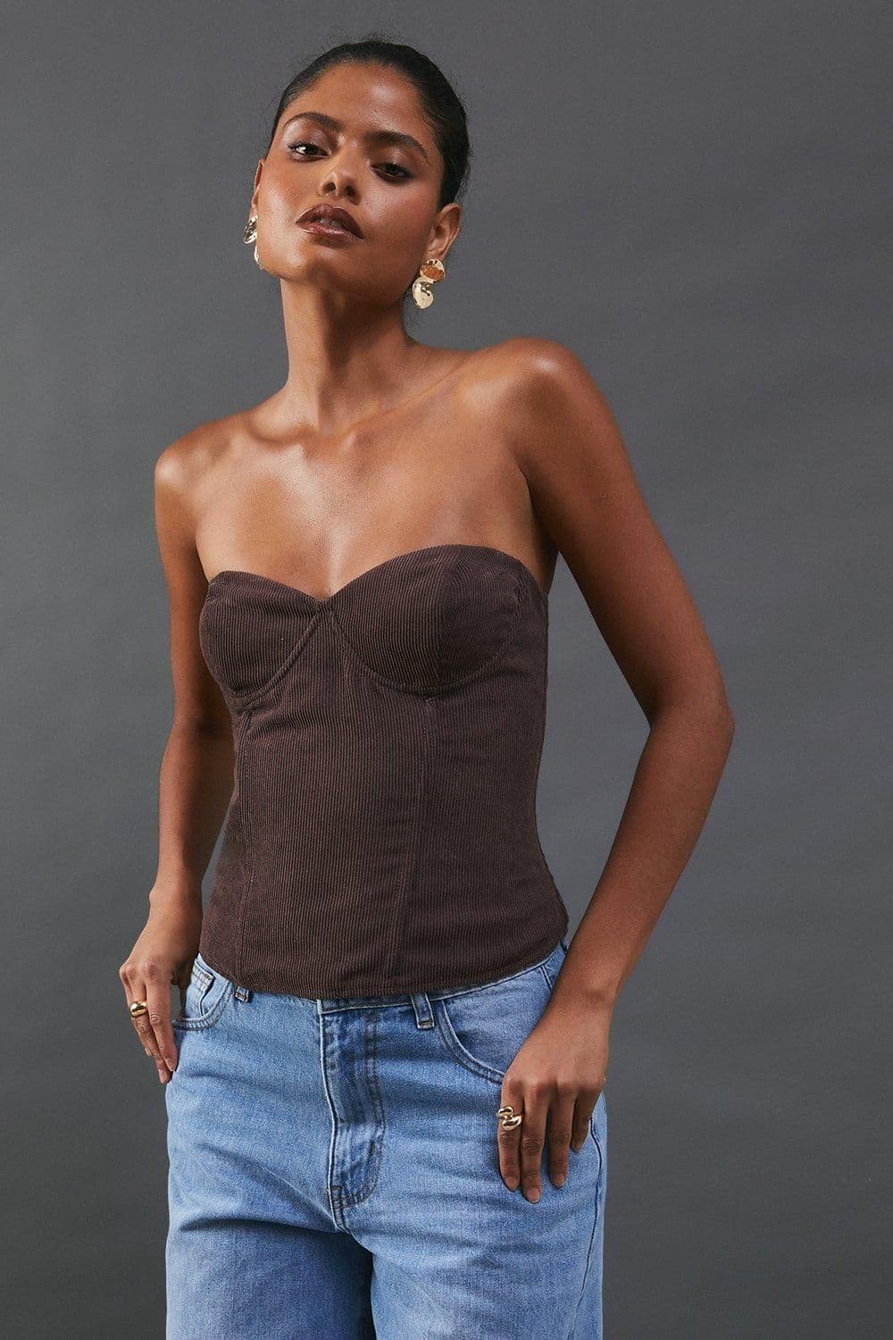 Warehouse Women's Cord Bustier Top in Chocolate