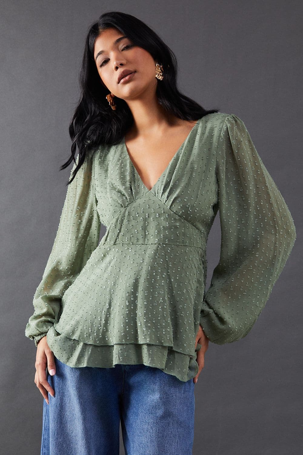 Warehouse Women's Plunge Neck Dobby Chiffon Double Layer Blouse in Khaki