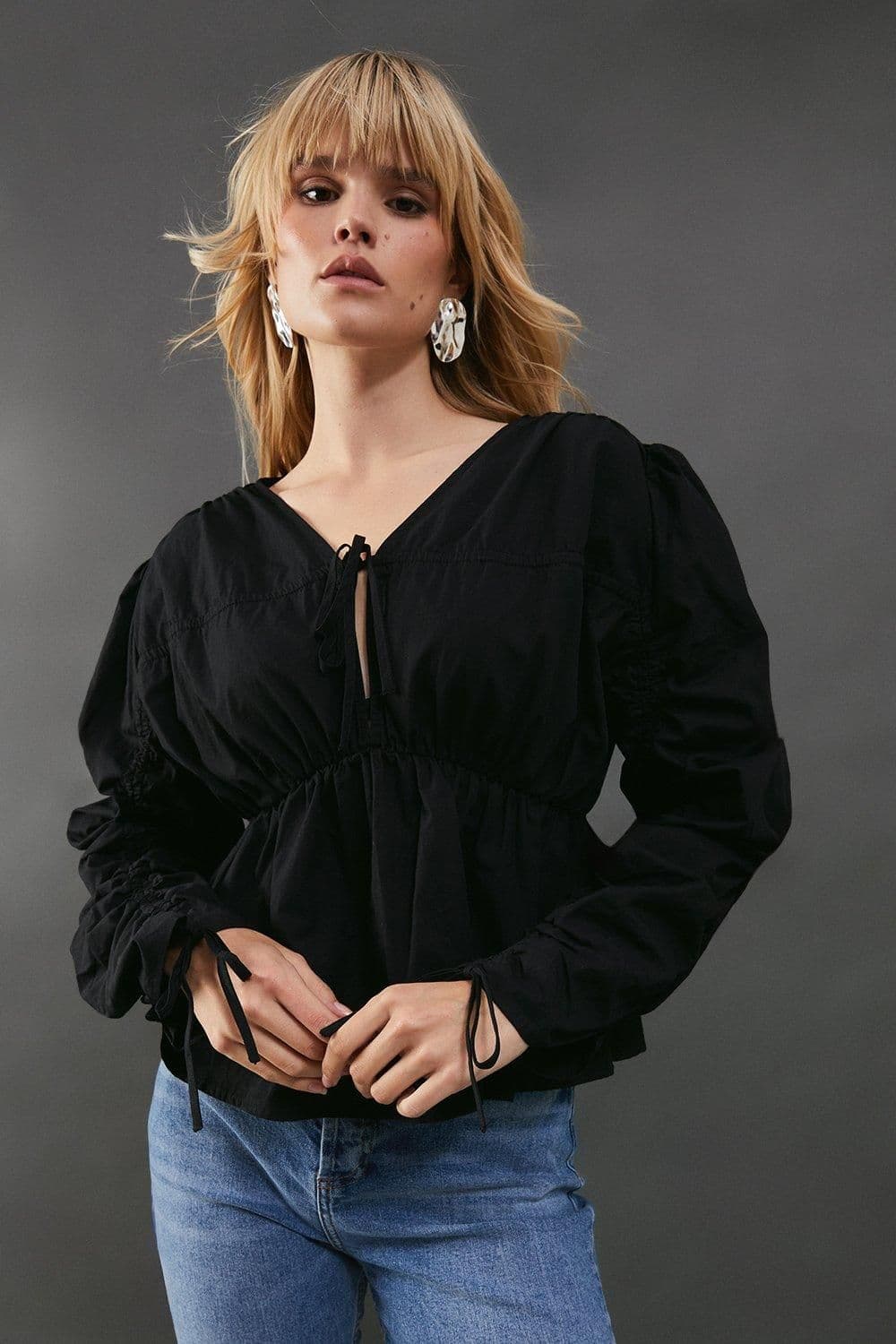 Warehouse Women's Cotton Tie Front Volume Sleeve Blouse in Black