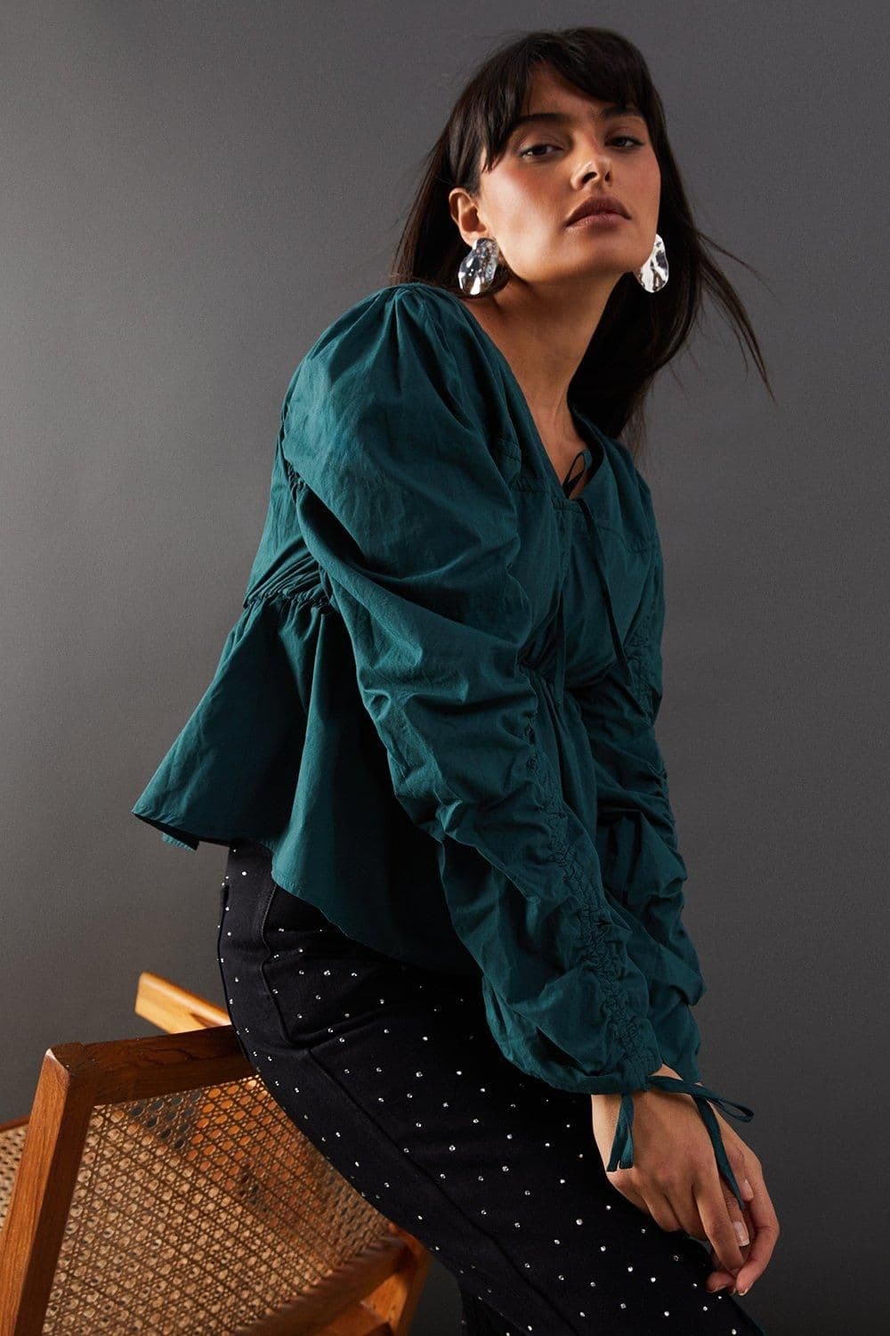 Warehouse Women's Cotton Tie Front Volume Sleeve Blouse in Dark Green