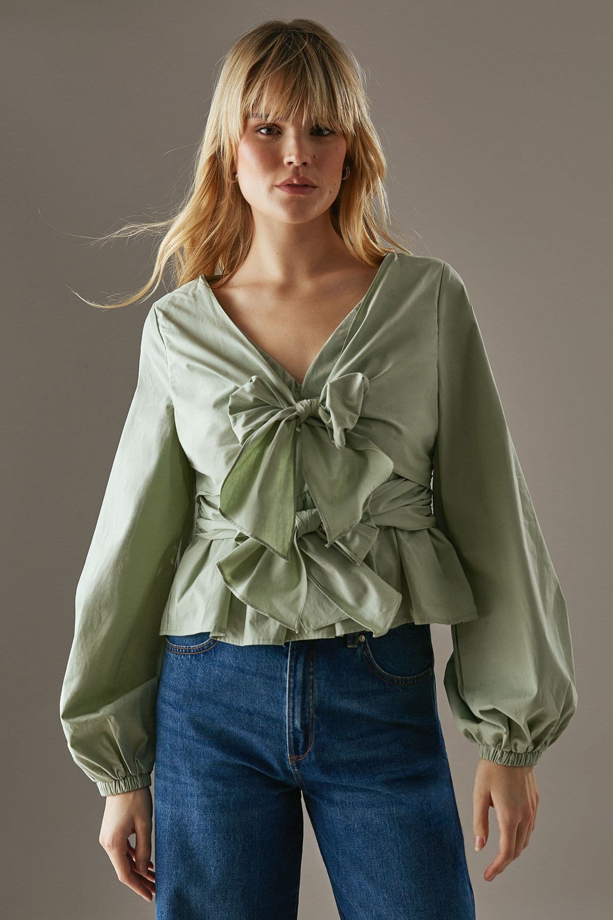 Warehouse Women's Poplin Tie Front Balloon Sleeve Blouse in Khaki
