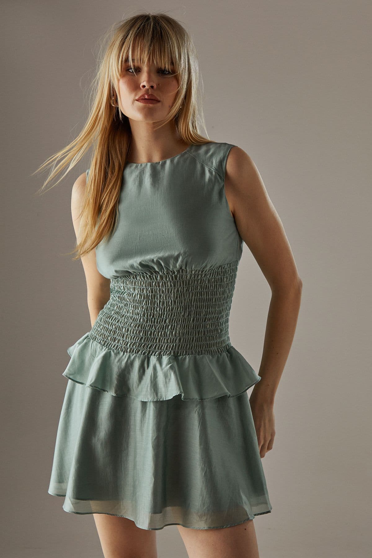 Warehouse Women's Organza Shirred Waist Sleeveless Mini Dress in True Blue