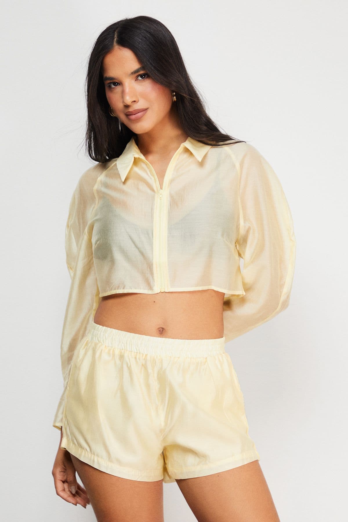 Warehouse Women's Organza Boxy Zip Through Shirt in Yellow