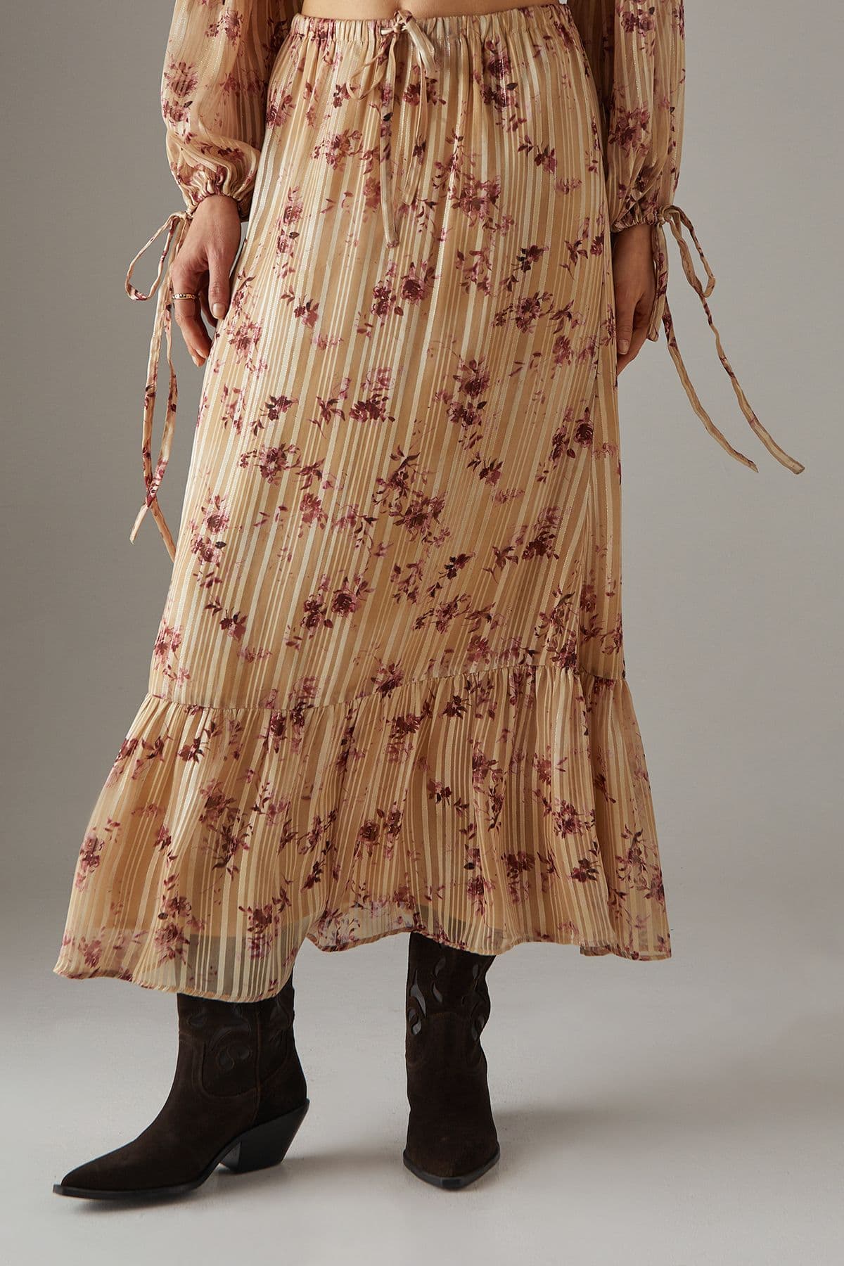 Warehouse Women's Shadow Stripe Drawstring Waist Tier Maxi Skirt in Floral