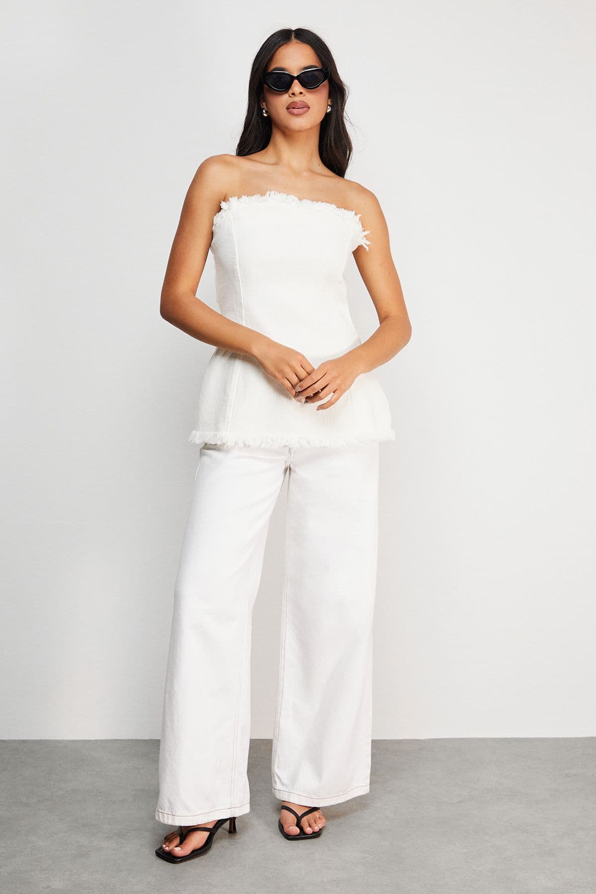 Warehouse Women's Fray Detail Denim Bandeau Top in Ecru