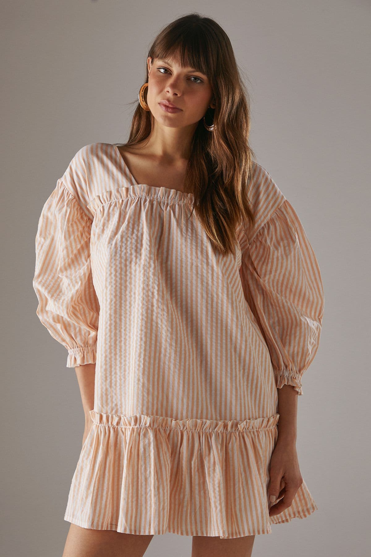 Warehouse Women's Seersucker Check Frill Balloon Sleeve Mini Smock Dress in Yellow