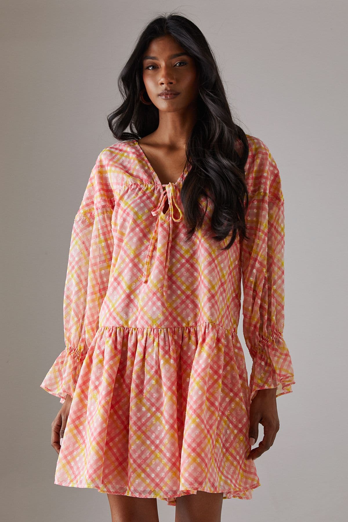 Warehouse Women's Dobby Chiffon Volume Sleeve Smock Mini Dress