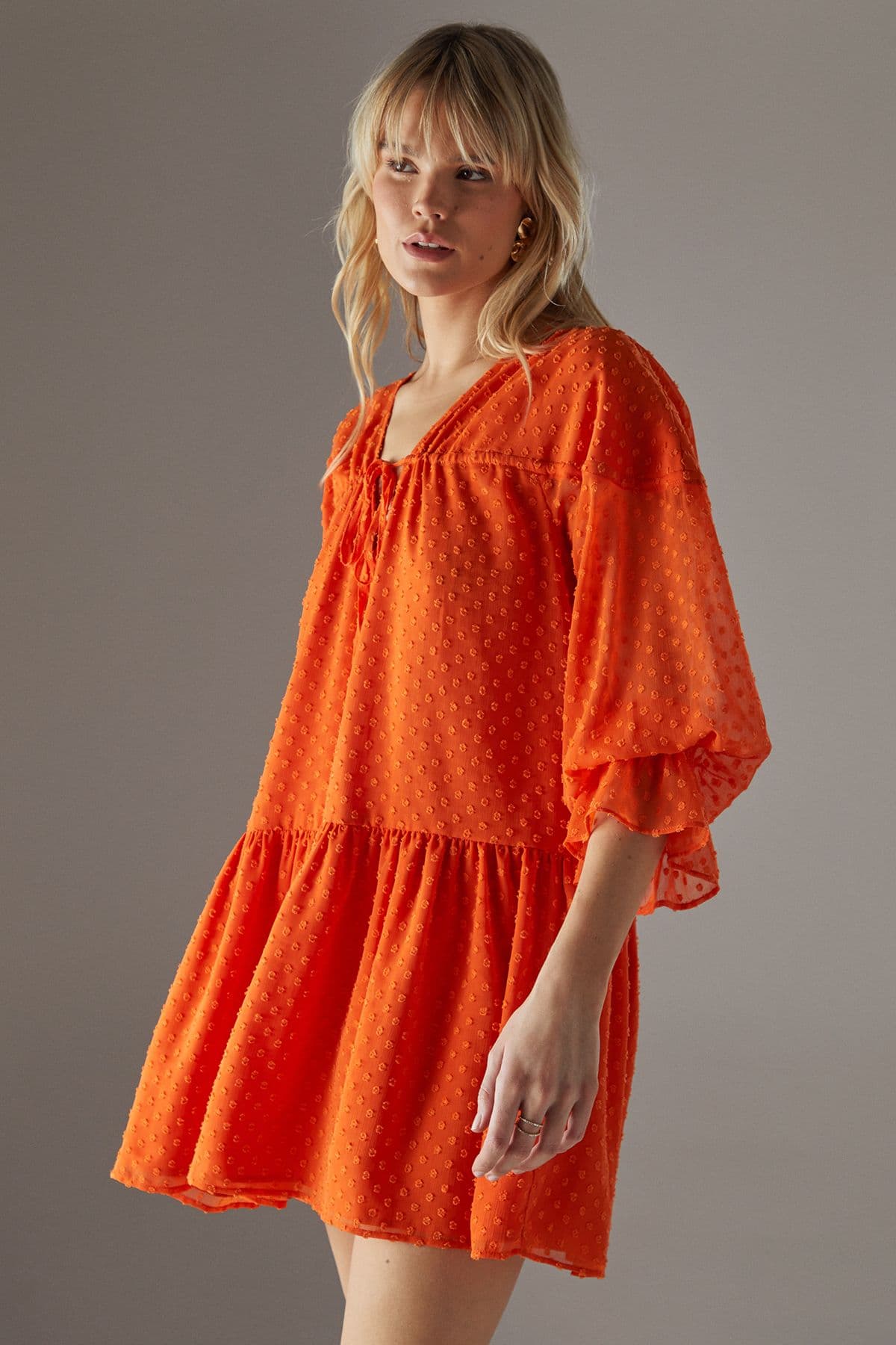 Warehouse Women's Dobby Chiffon Volume Sleeve Smock Mini Dress in Orange