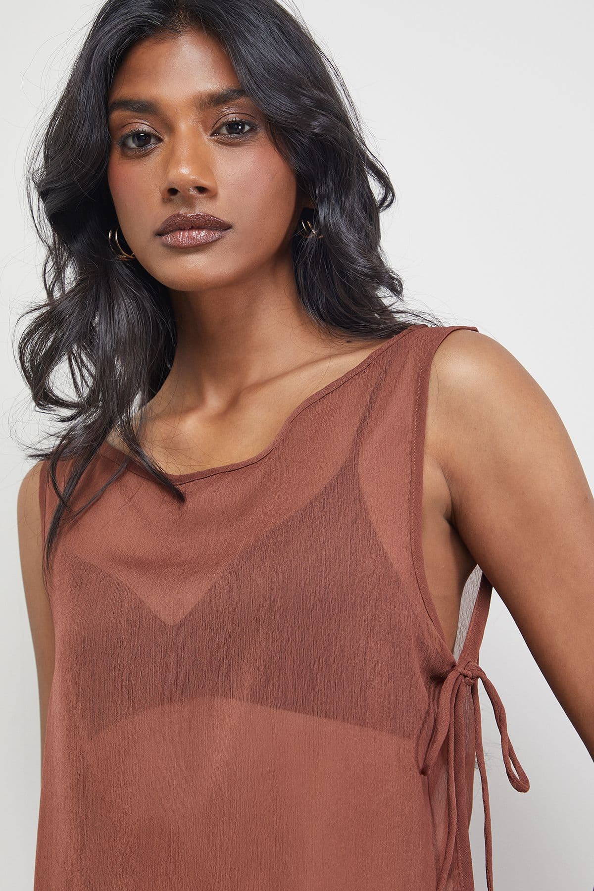 Warehouse Women's Chiffon Tie Side Asymmetric Top in Chocolate