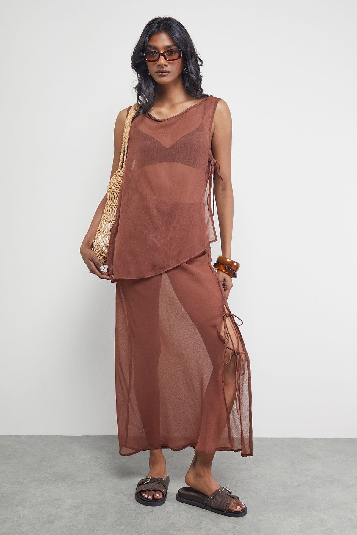 Warehouse Women's Chiffon Tie Side Column Midi Skirt in Chocolate