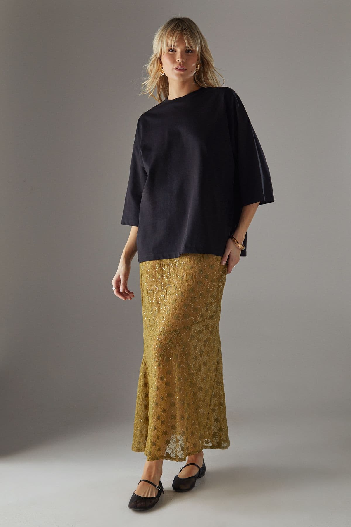 Warehouse Women's Sheer Lace Fishtail Maxi Skirt in Khaki