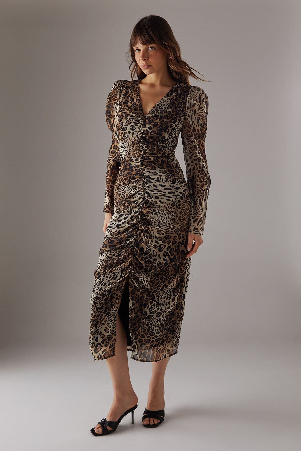 Warehouse Women's Animal Chiffon Ruched Plunge Button front Midi Dress