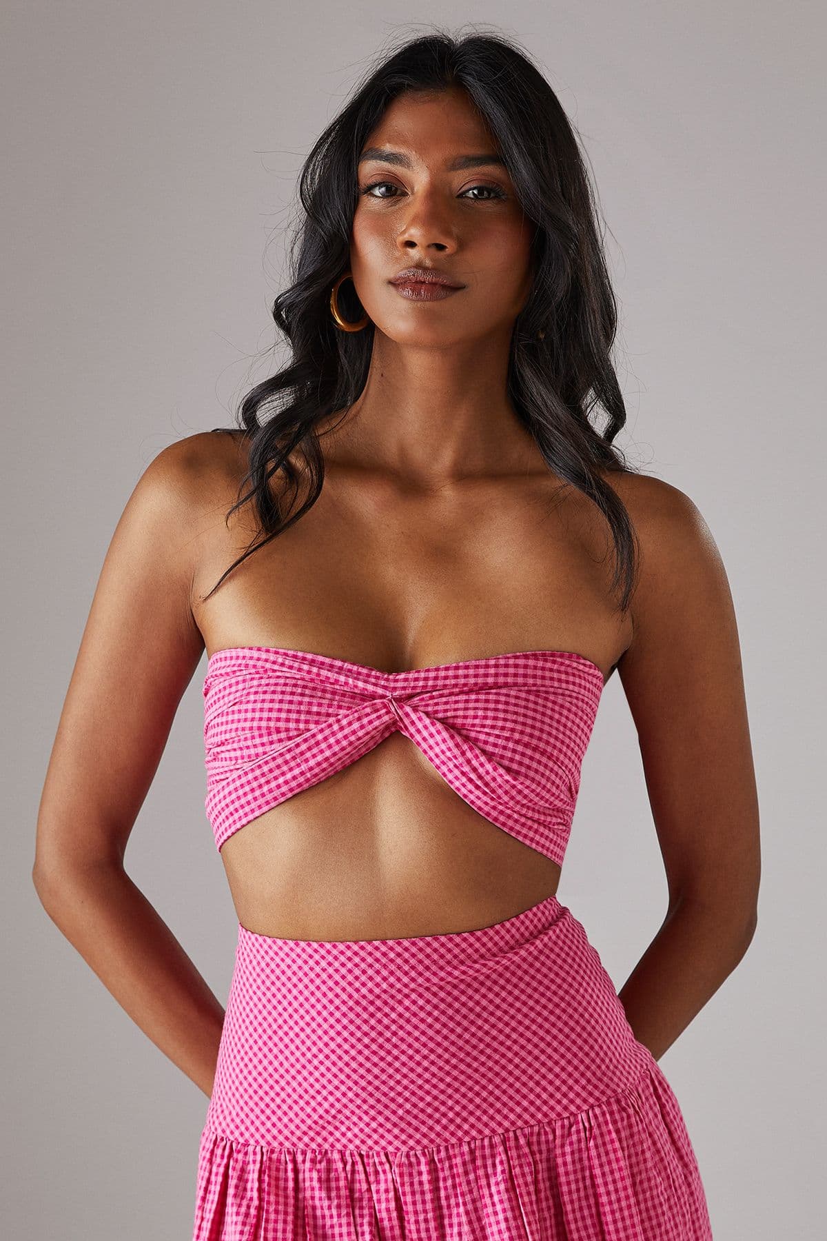 Warehouse Women's Gingham Twist Front Bandeau Top in Pink