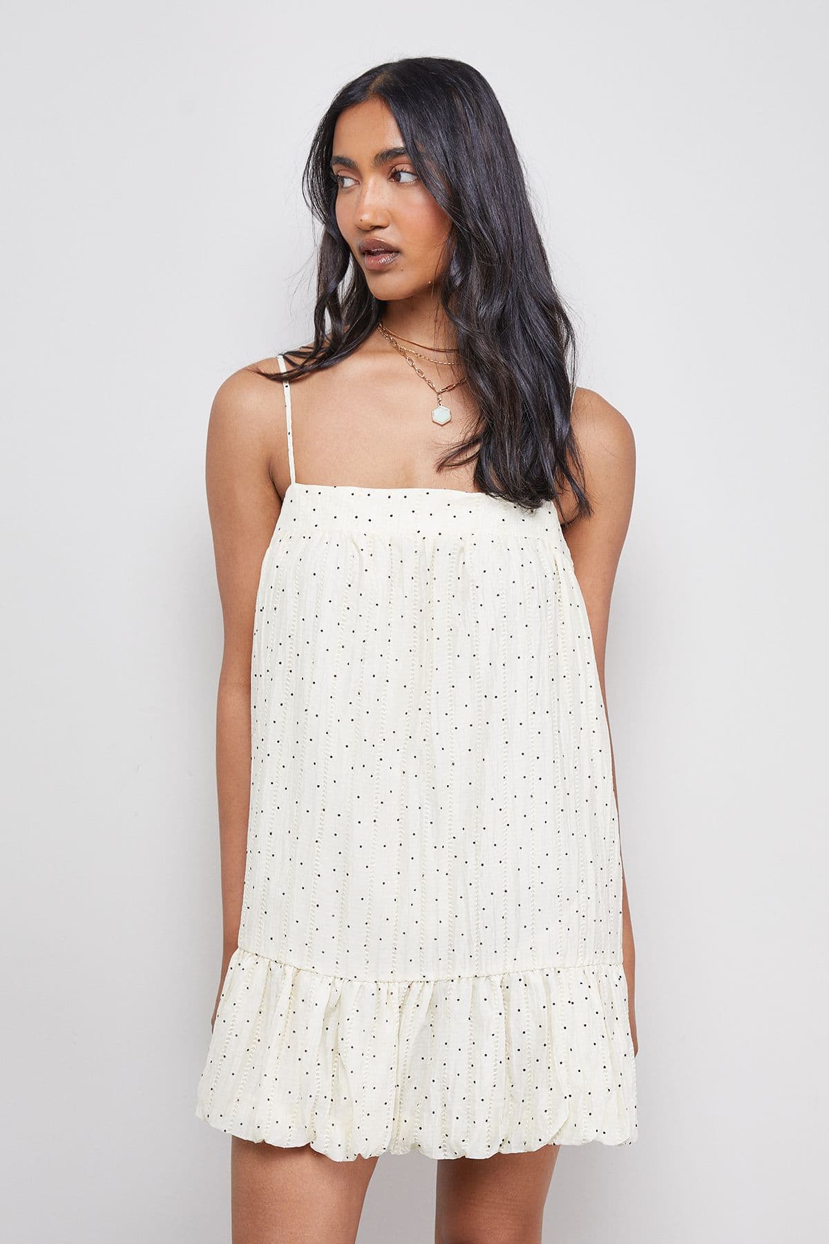 Warehouse Women's Polka Dot Organza Strappy Bubble Hem Mini Dress in Ivory