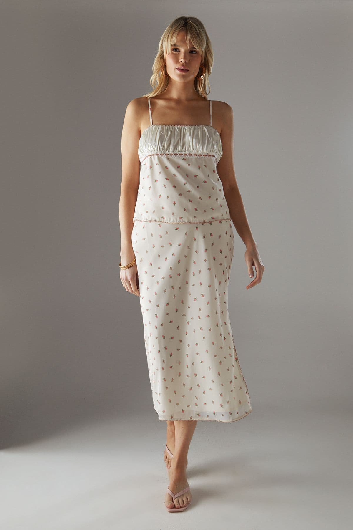 Warehouse Women's Georgette Lace Trim Bias Midi Skirt in Floral