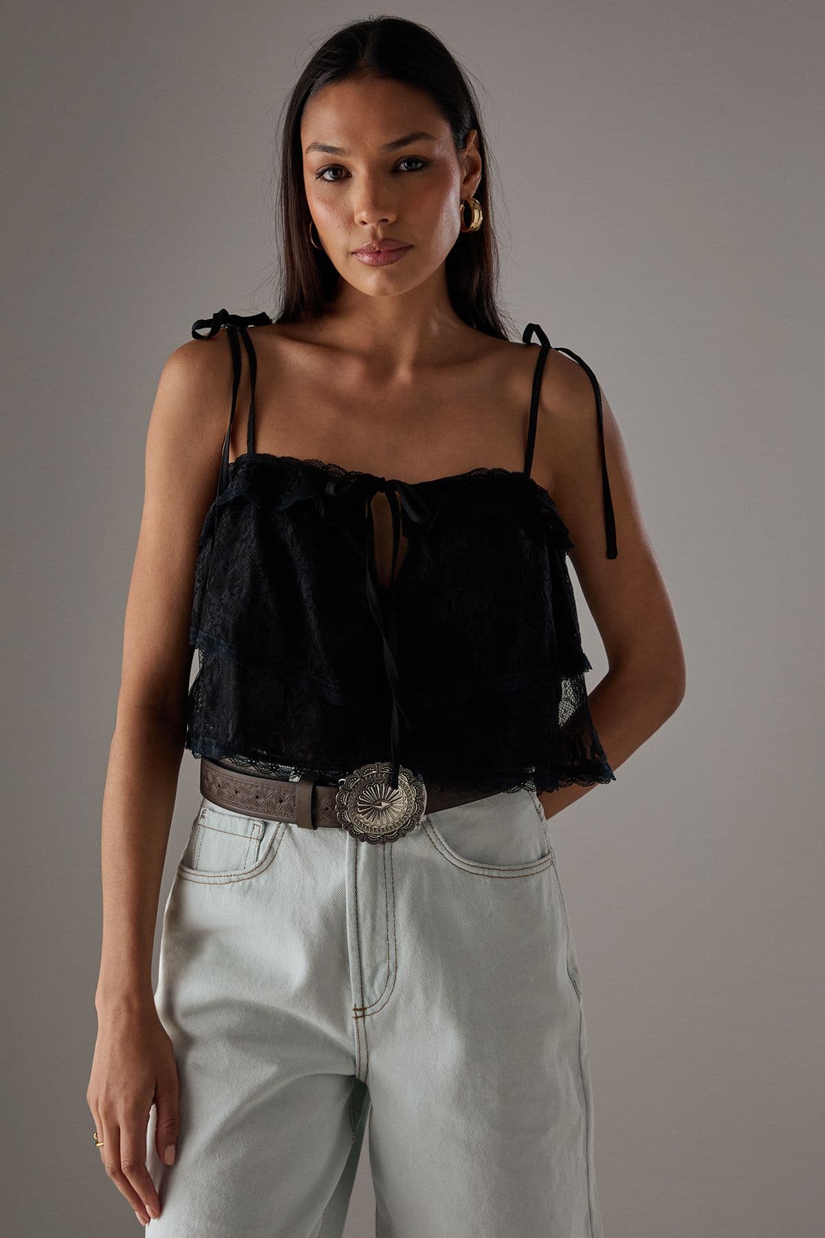Warehouse Women's Bohemian Lace Strappy Cropped Cami Top in Black