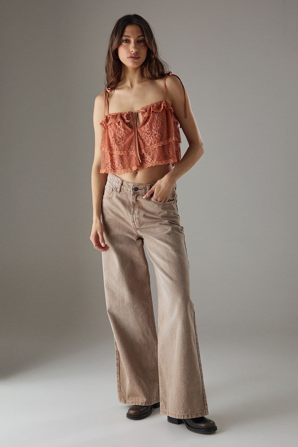 Warehouse Women's Bohemian Lace Strappy Cropped Cami Top in Tan