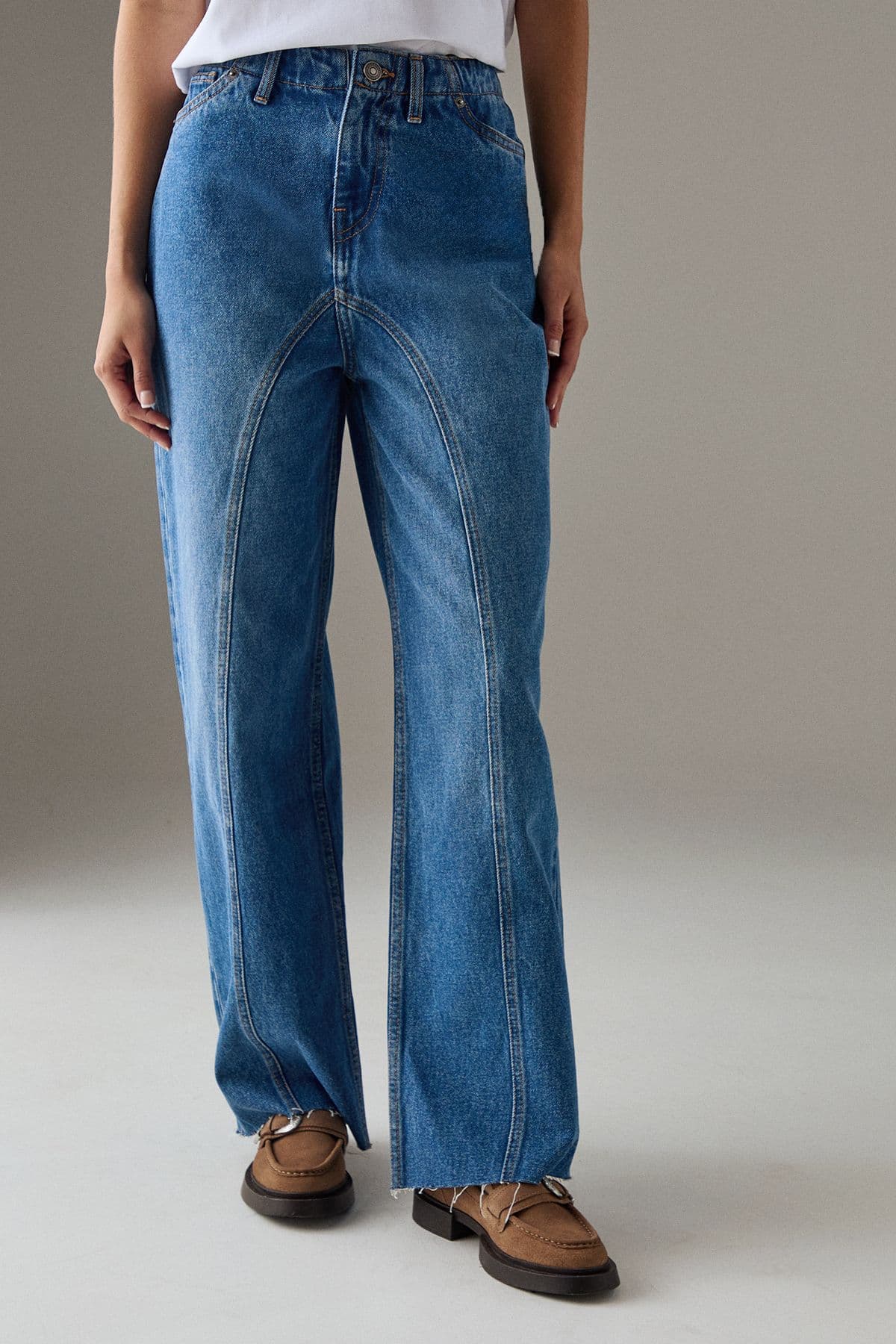 Warehouse Women's Washed Raw Waist Seam Detail Denim Dad Jean in Mid Wash