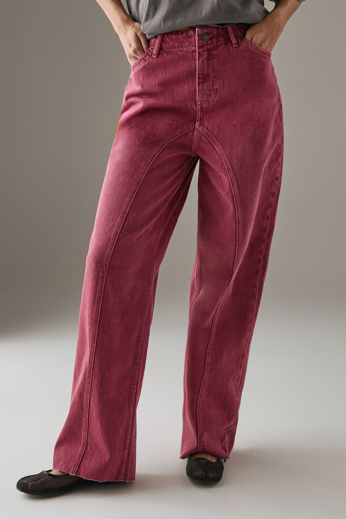 Warehouse Women's Washed Raw Waist Seam Detail Denim Dad Jean in Raspberry