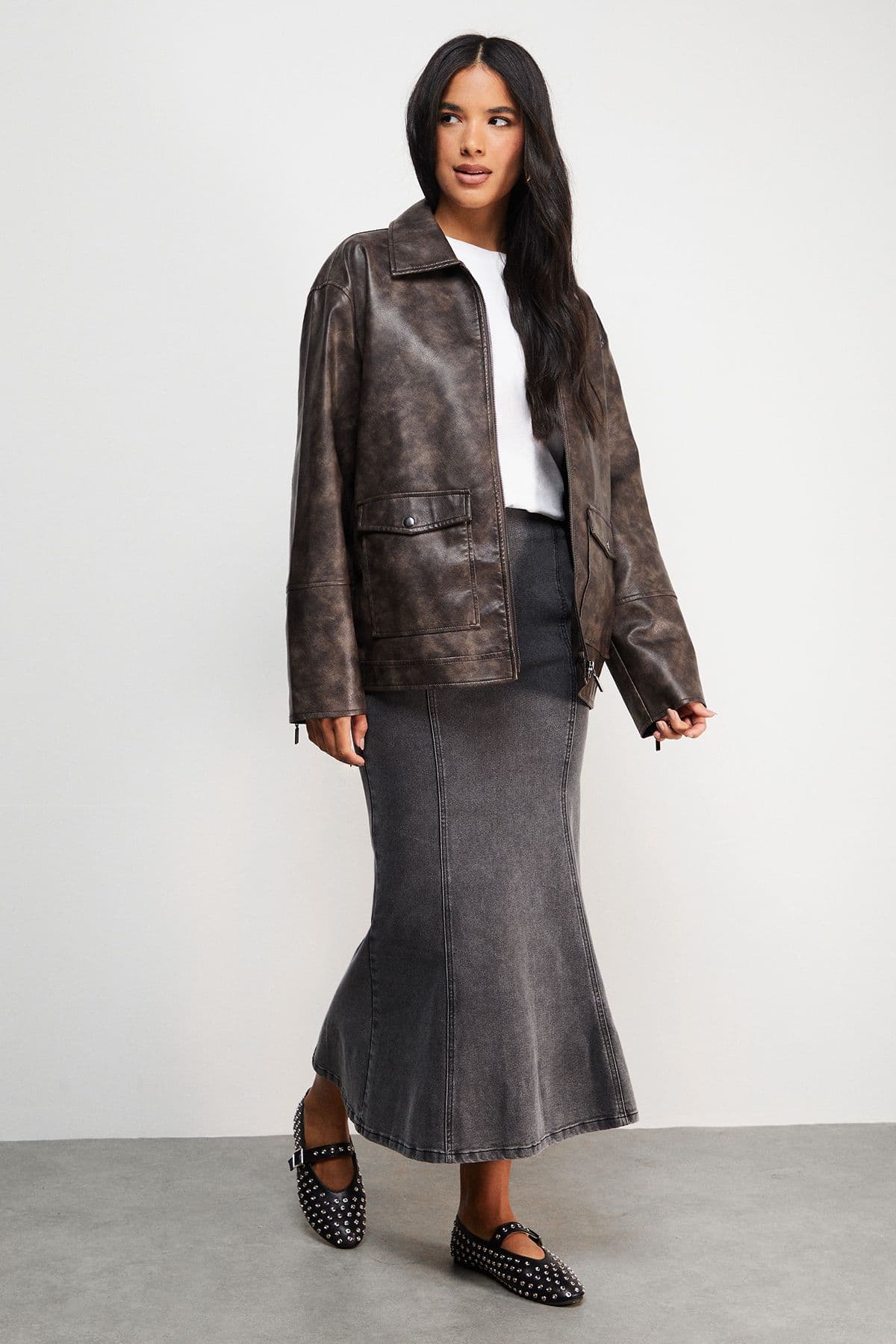 Warehouse Women's Denim Fishtail midi skirt in Grey