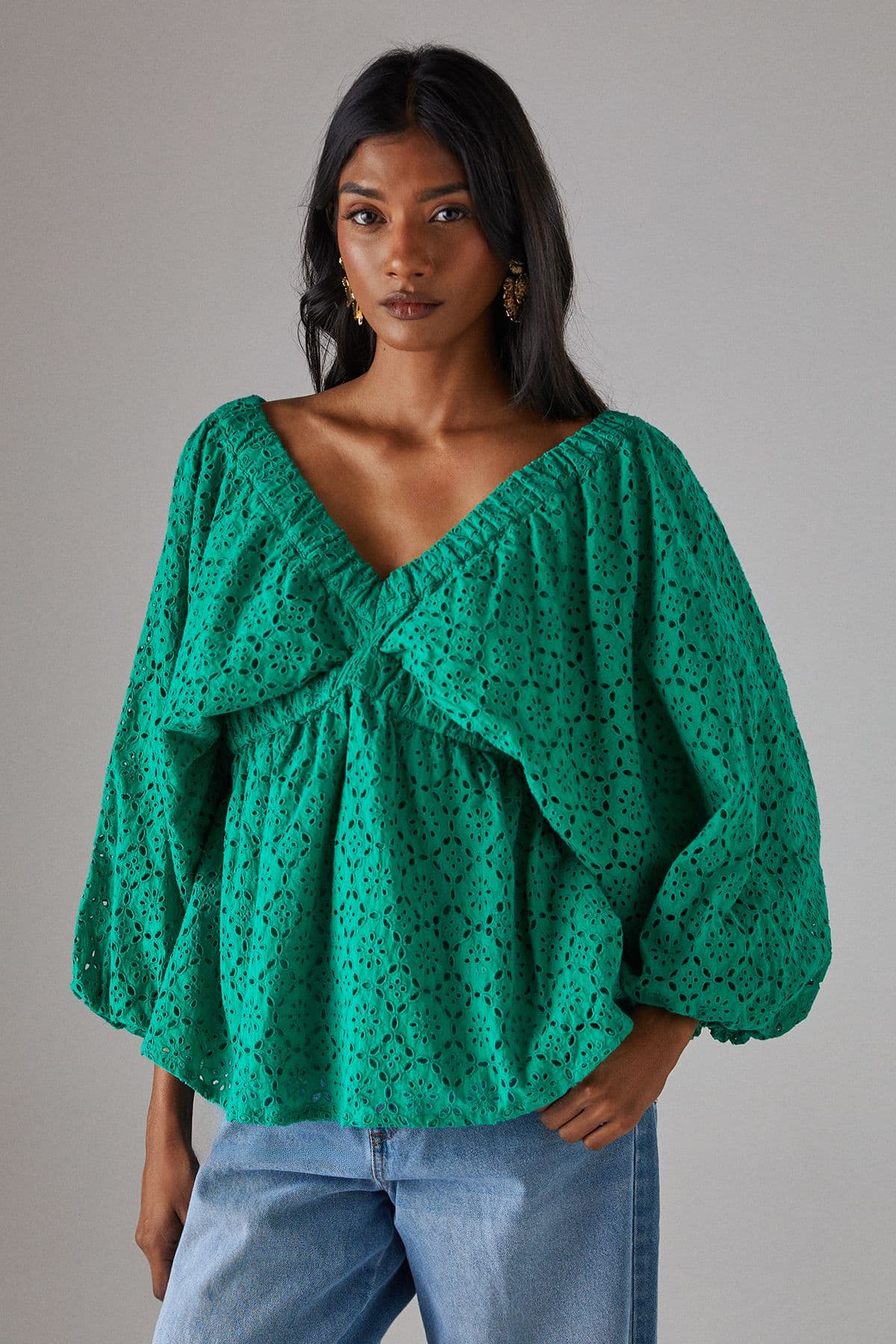 Warehouse Women's Blouson Broderie Top With Grown On Sleeve in Bright Green