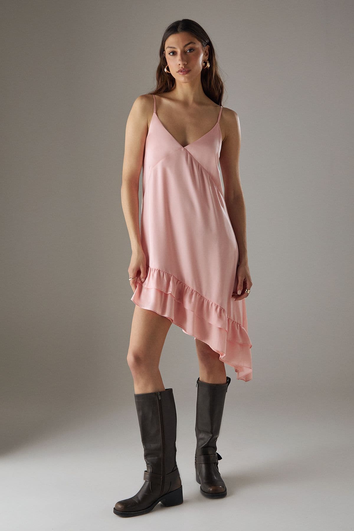 Warehouse Women's Satin Asymmetric Ruffle Mini Strappy Dress in Peach