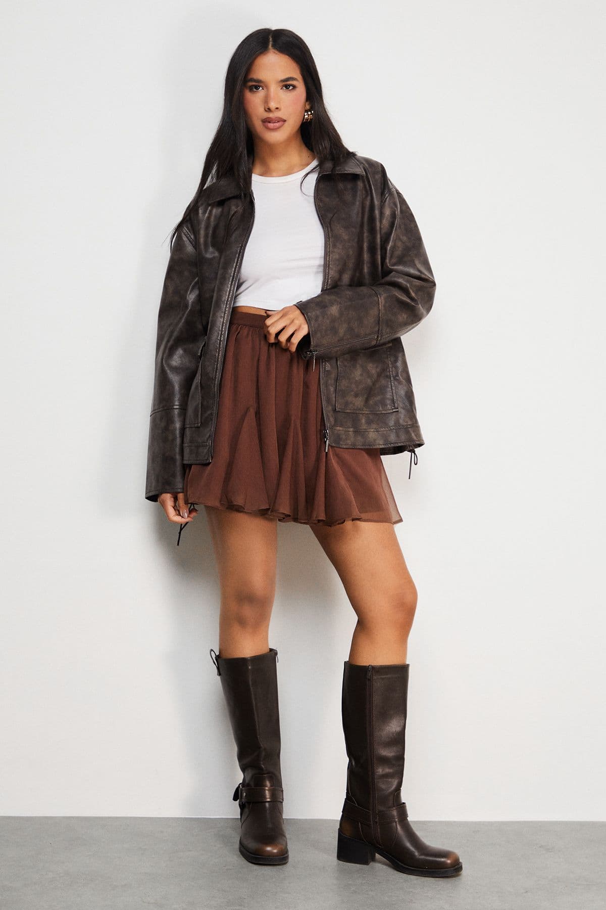 Warehouse Women's Chiffon Godet Flippy Mini Skirt in Chocolate