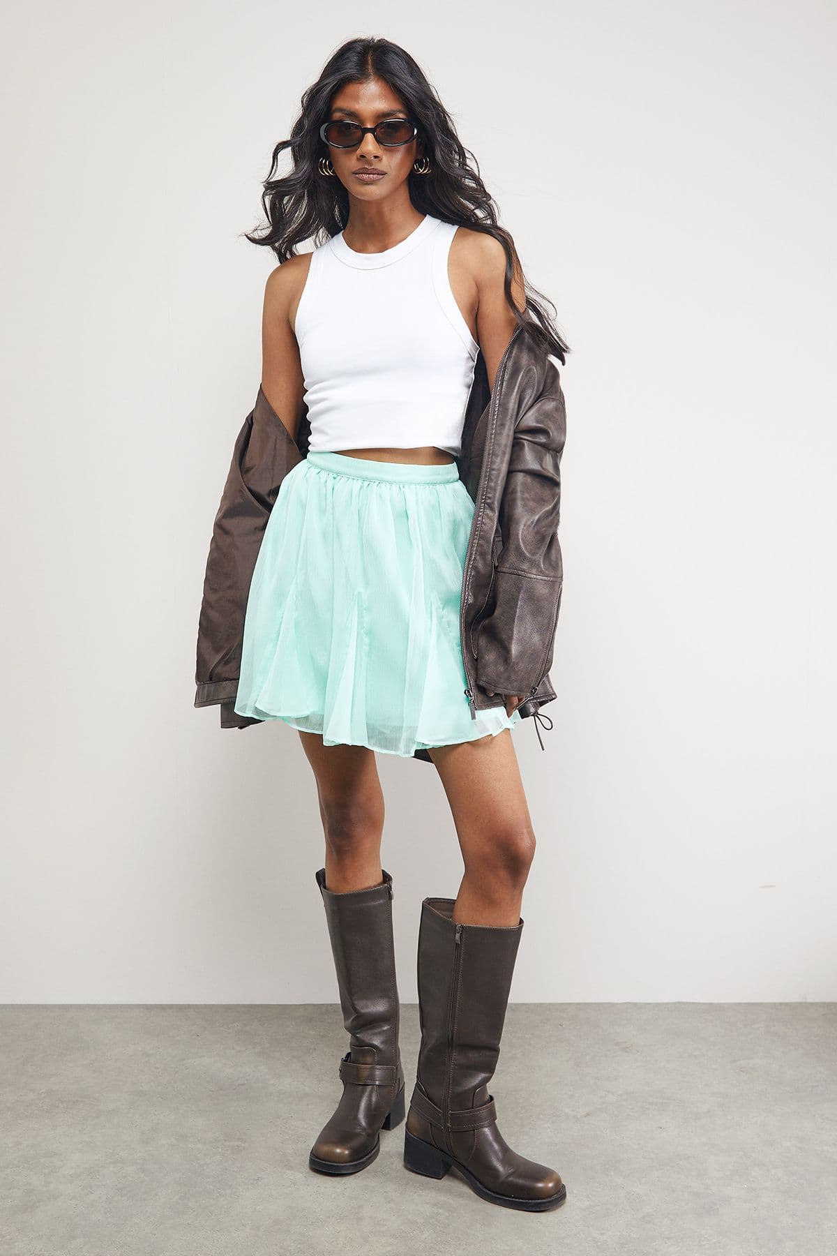 Warehouse Women's Chiffon Godet Flippy Mini Skirt in Mint