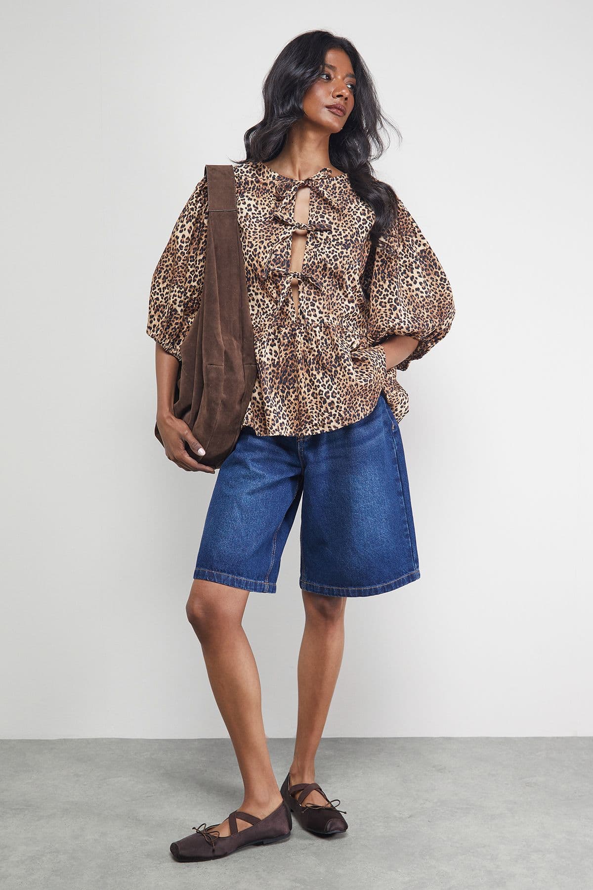 Warehouse Women's Print Poplin Tie Front Volume Sleeve Blouse in Animal