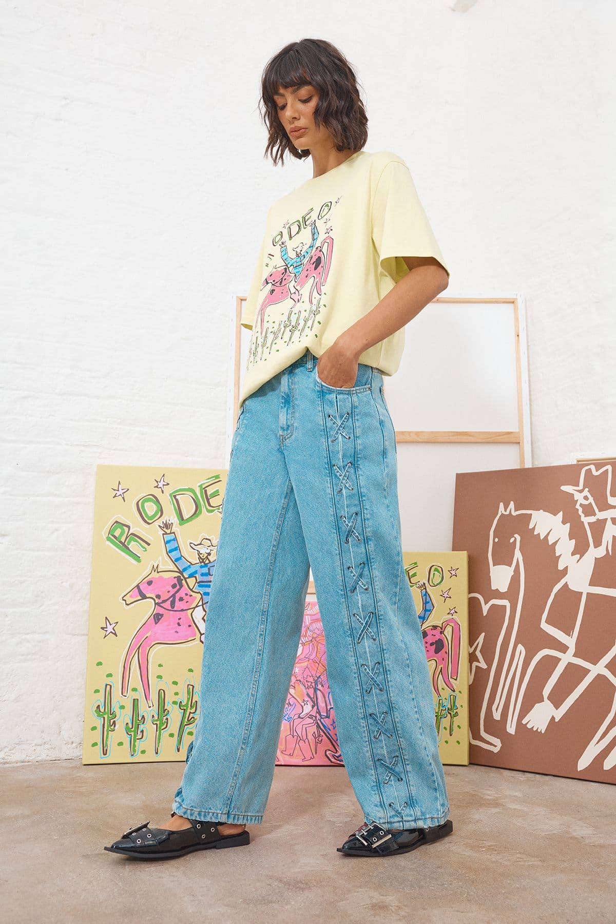 Warehouse Women's Tony Low Waist Lace Up Wide Jean in Mid Blue