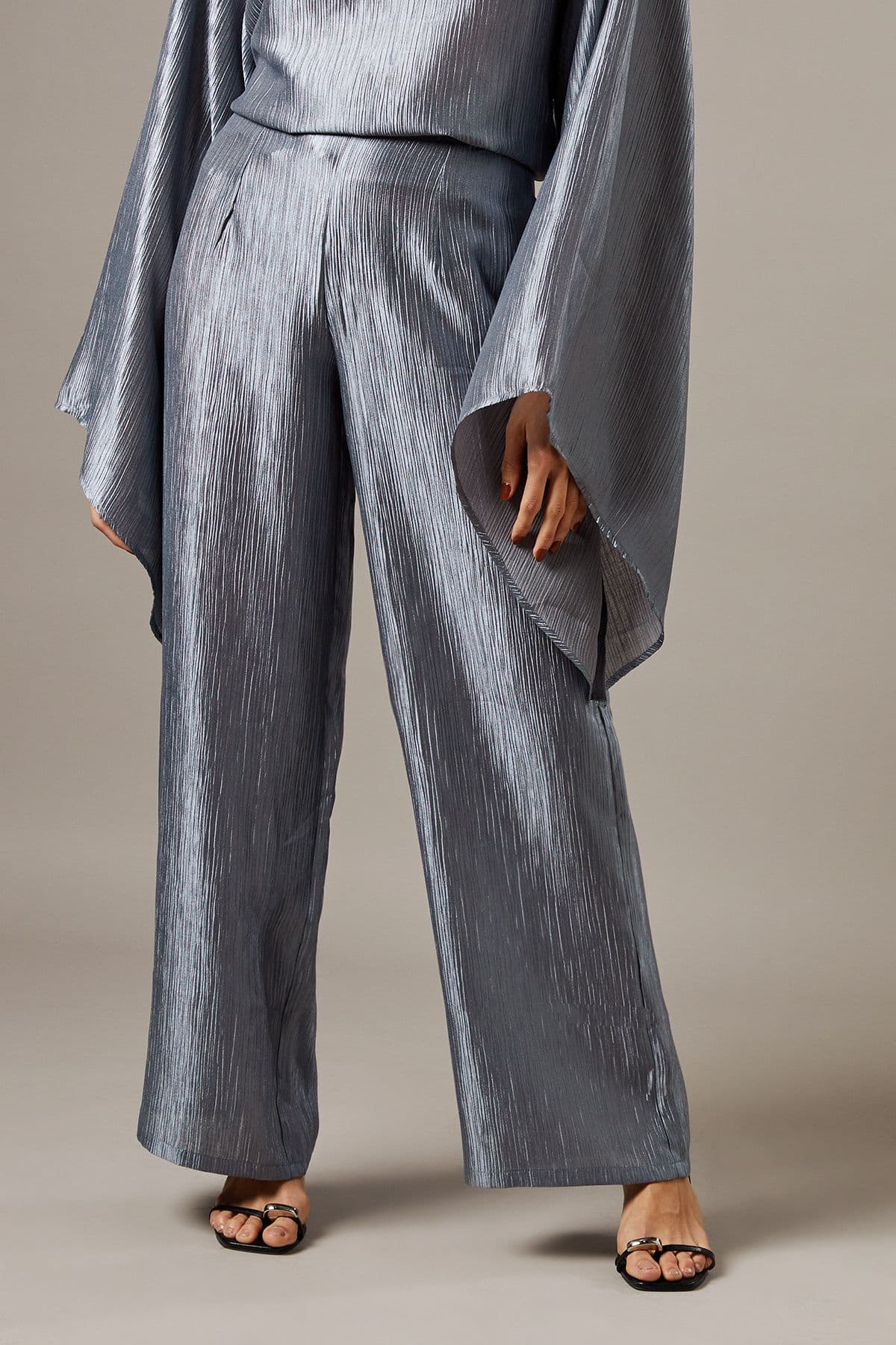Warehouse Women's Crinkle Satin Wide Leg Trousers in Slate Grey