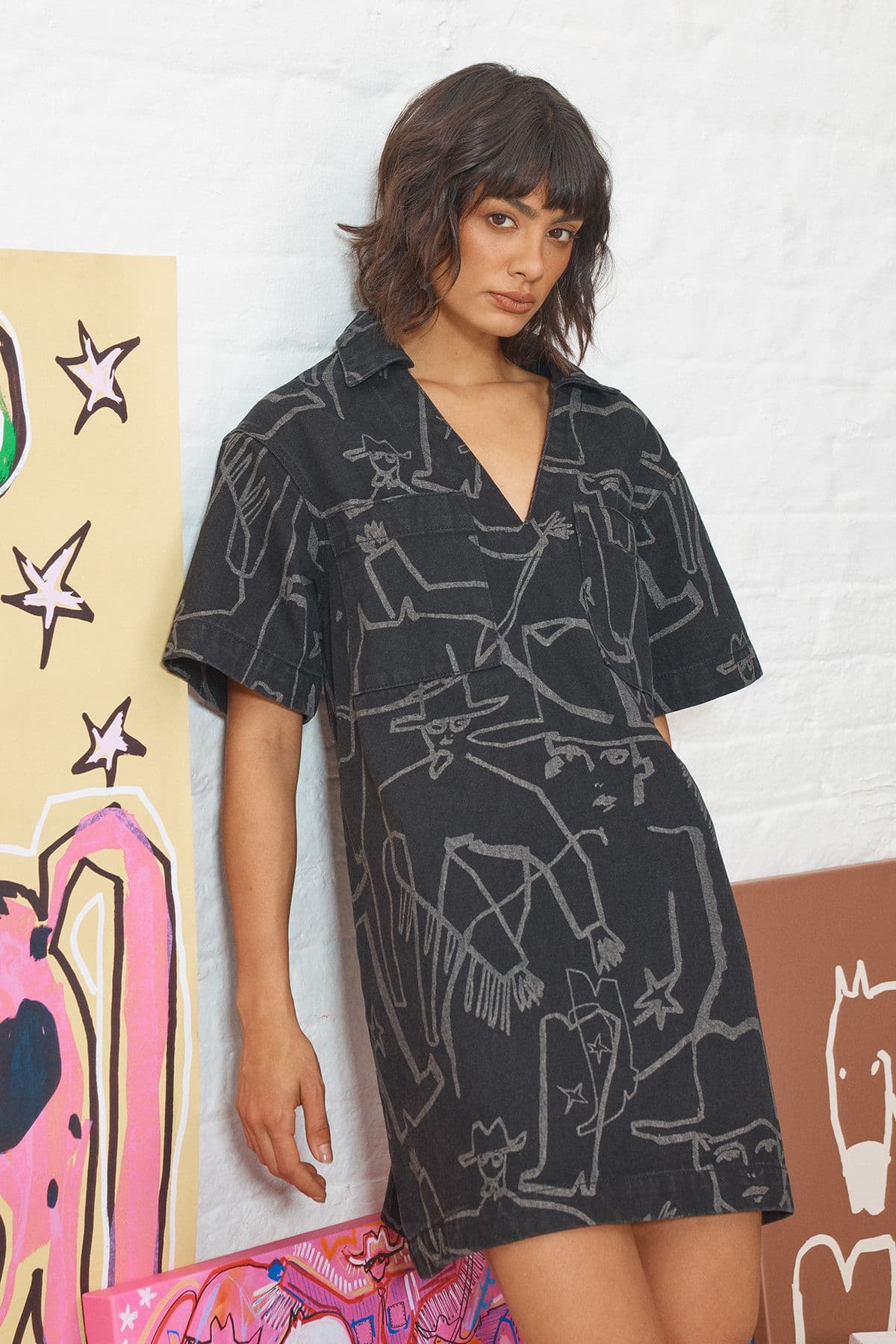 Warehouse Women's Tony Printed Boxy Denim Mini Dress With Pockets in Mid Blue