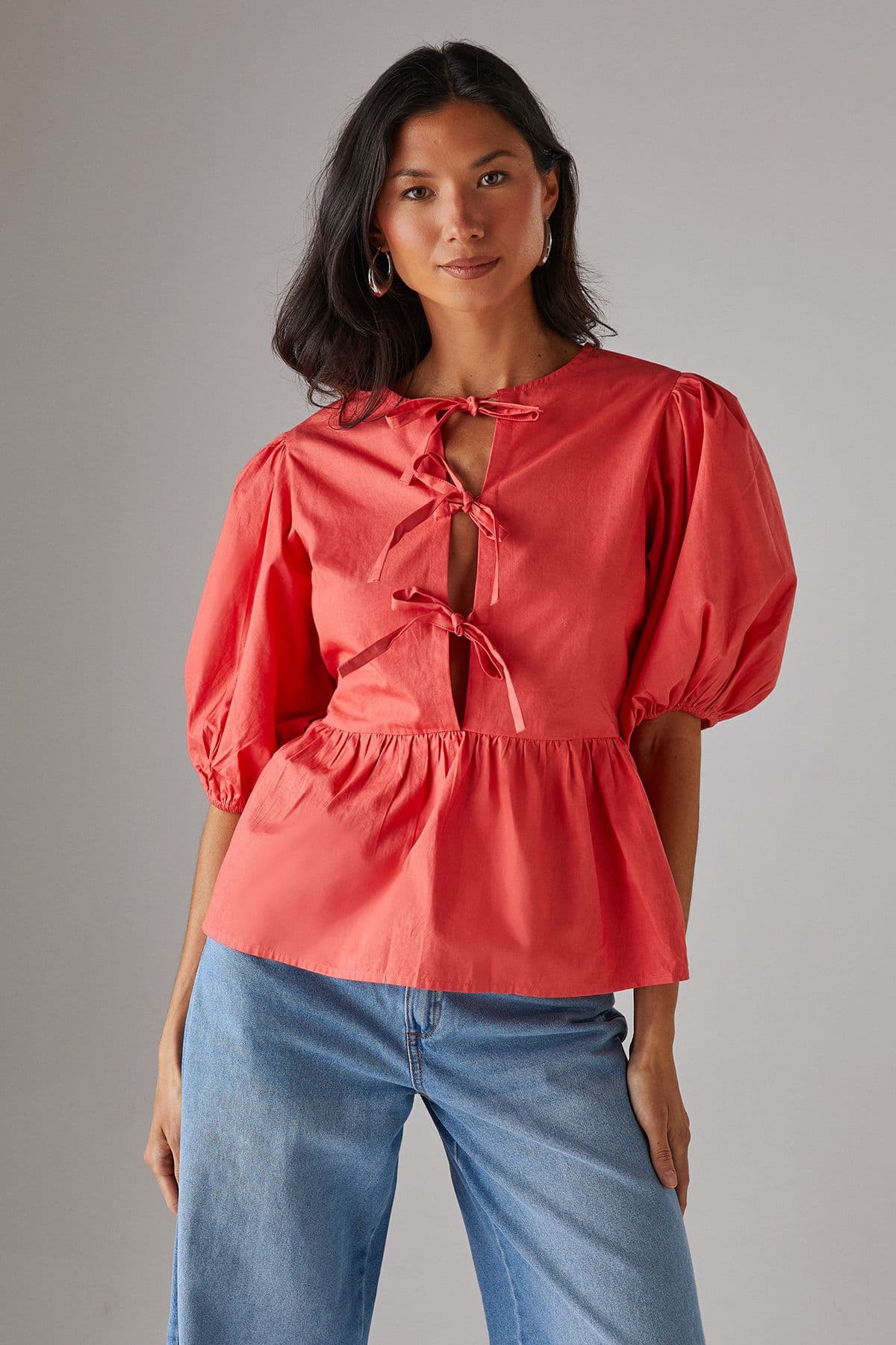 Warehouse Women's Poplin Tie Front Volume Sleeve Blouse in Coral